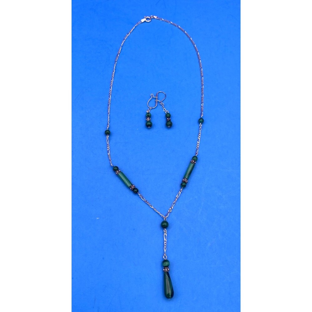 Vintage Made In Italy Sterling Malachite Artisan Necklace And Earrings Set